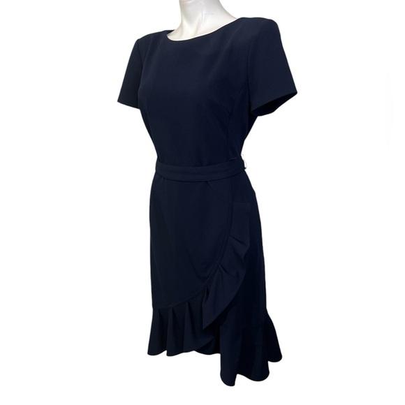 Calvin Klein dress 12 navy blue ruffle tie-waist knee length office career -5 - Picture 3 of 6